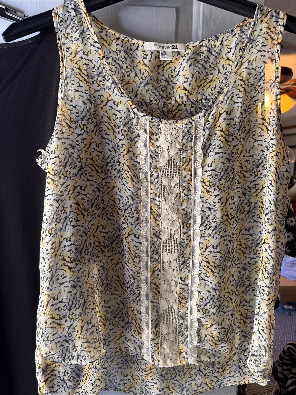 Forever 21 Yellow, White & Black Printed Lace-Trim Sleeveless Top